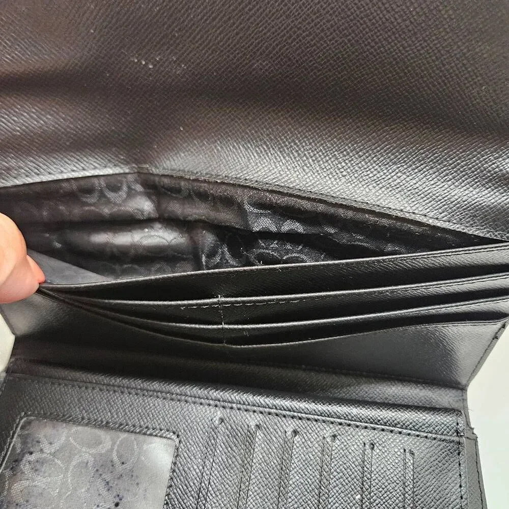 Coach Legacy Slim Trifold Wallet Signature Logo Black Canvas Leather Trim EUC
